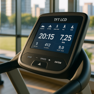 Sunlight-readable TFT LCD display on smart fitness equipment, showing real-time workout metrics like time, speed, calories, and distance