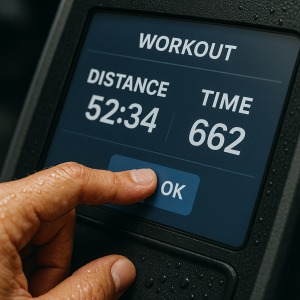 Close-up of sweatproof TFT LCD touch display on a fitness device, showing workout distance, time, and calories burned