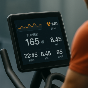 Smart fitness bike with TFT LCD screen displaying power, speed, heart rate, and resistance level in real time