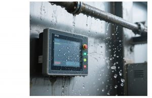 Side view: An IP65 industrial touchscreen with water splashes, droplets on the surface, normal display, and flashing indicators.