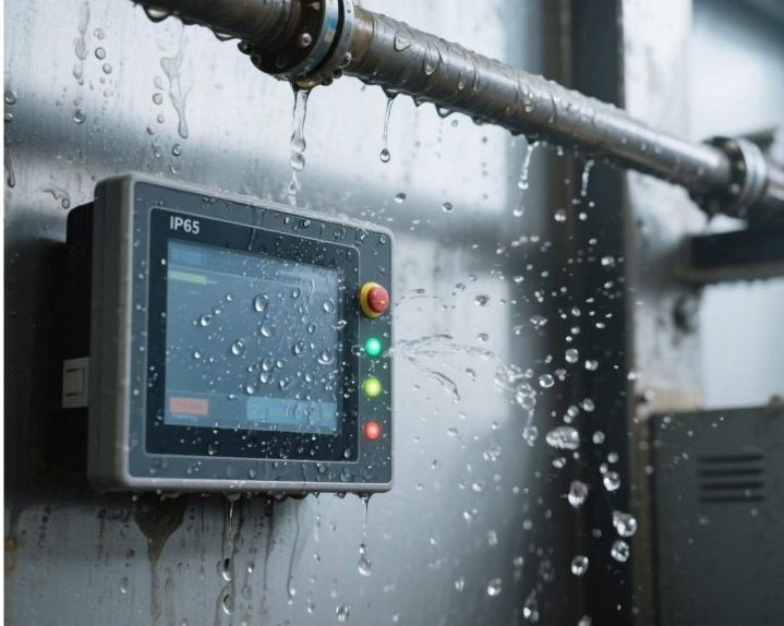 Side view: An IP65 industrial touchscreen with water splashes, droplets on the surface, normal display, and flashing indicators.