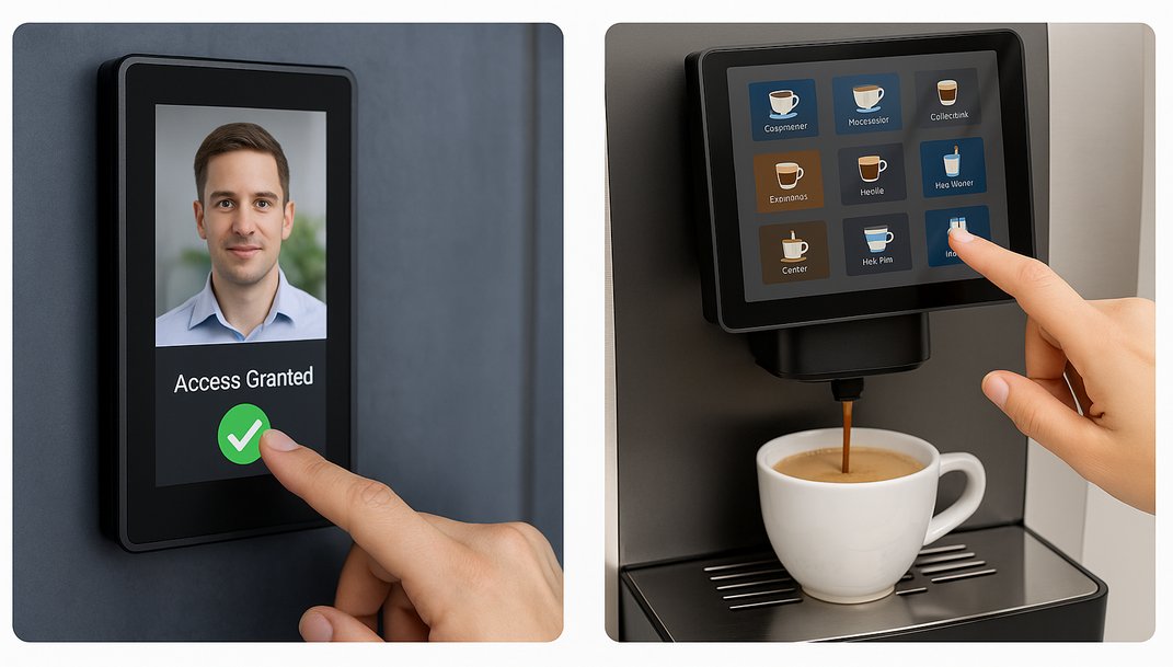 Rocktech embedded touchscreen used in smart access control and coffee vending systems.