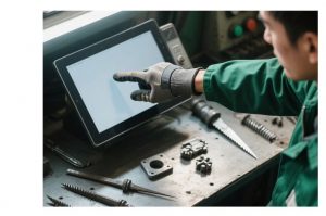 Clad worker struggles with touchscreen in gloves for production.