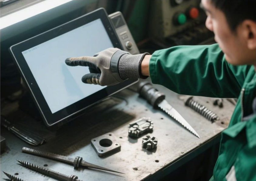 Worker using a touchscreen in gloves for production.