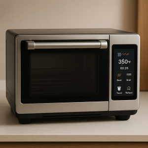 Modern smart oven with a 5-inch touchscreen display showing clear cooking functions like bake, broil, toast, and reheat.