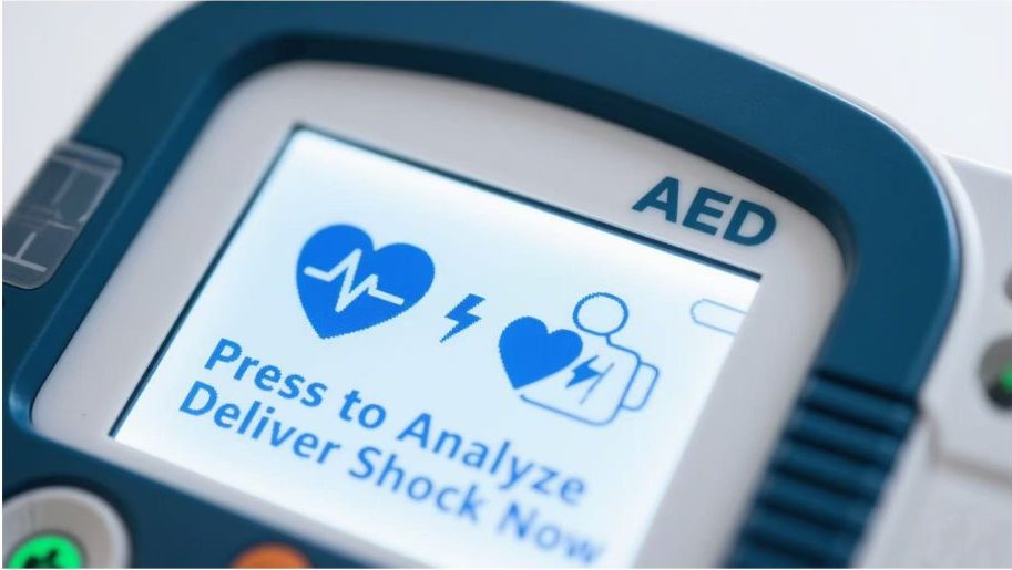 Close-up of a custom medical display on an AED showing clear emergency instruction icons and text.Close-up of a custom medical display on an AED showing clear emergency instruction icons and text.