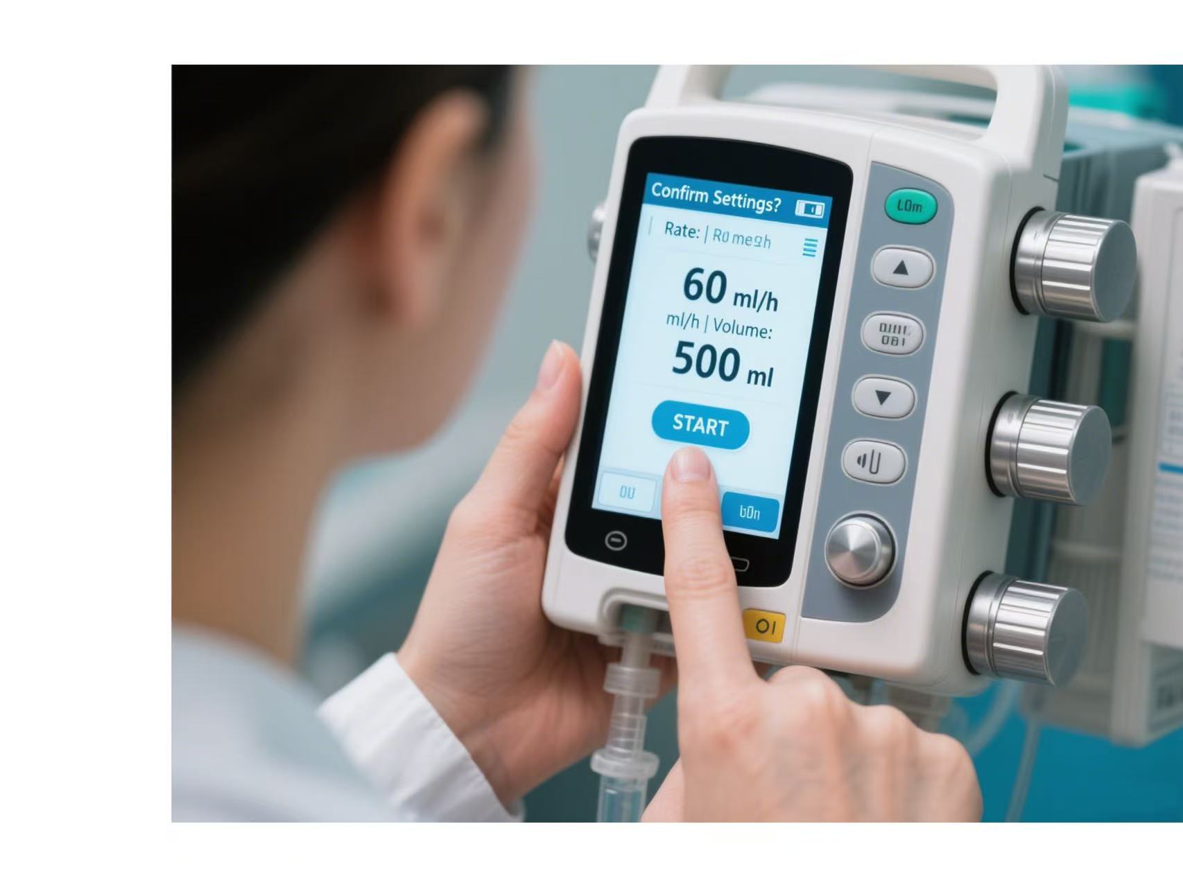 Capacitive touch screen on infusion pump,showing nurse's finger interacting with touch controls.