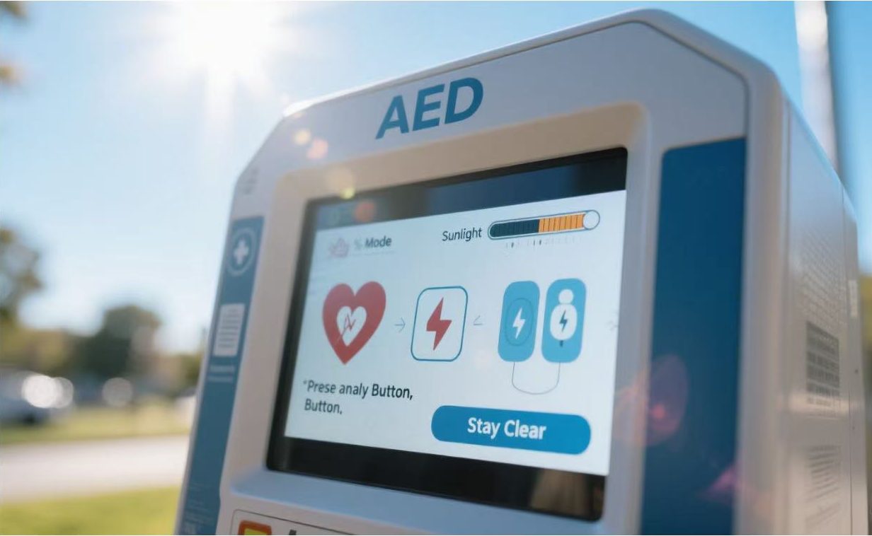 Custom medical displays on an AED showing brightness adjustment for outdoor sunlight conditions.