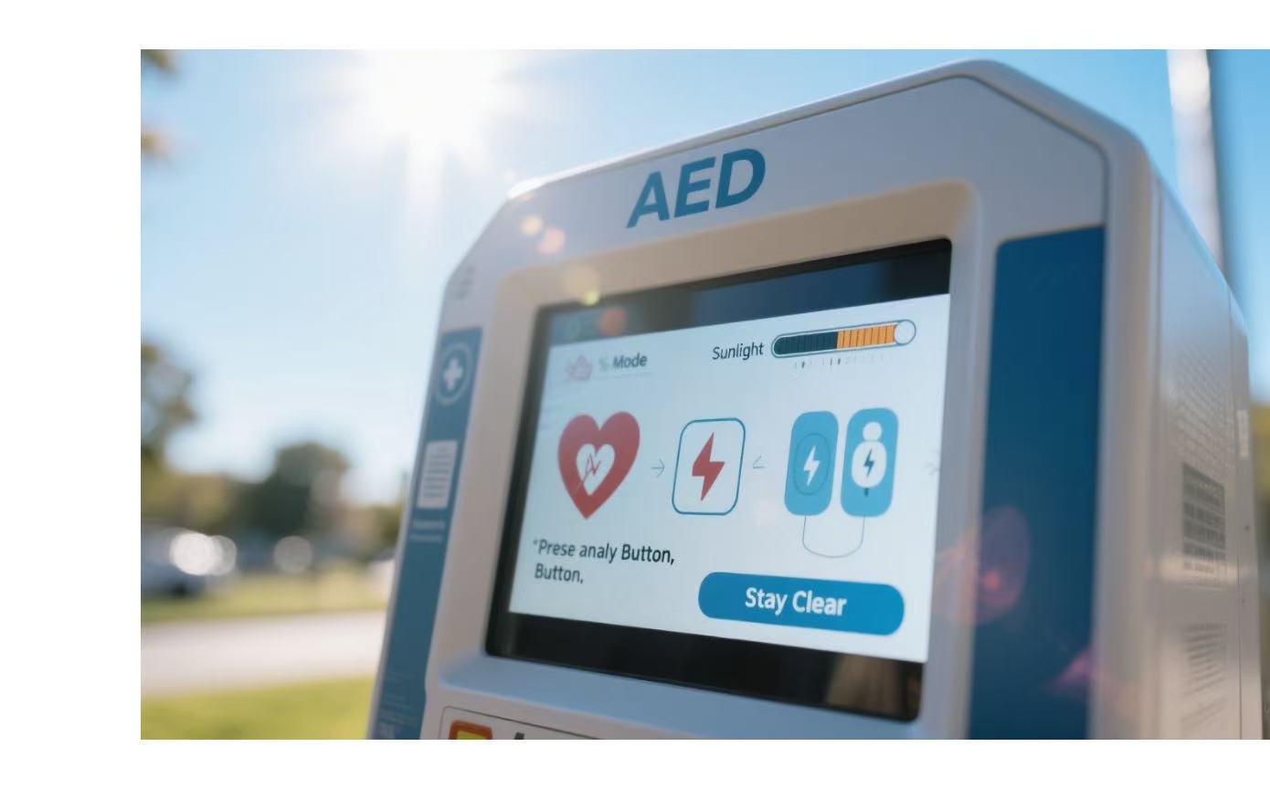 Custom medical displays on an AED showing brightness adjustment for outdoor sunlight conditions.