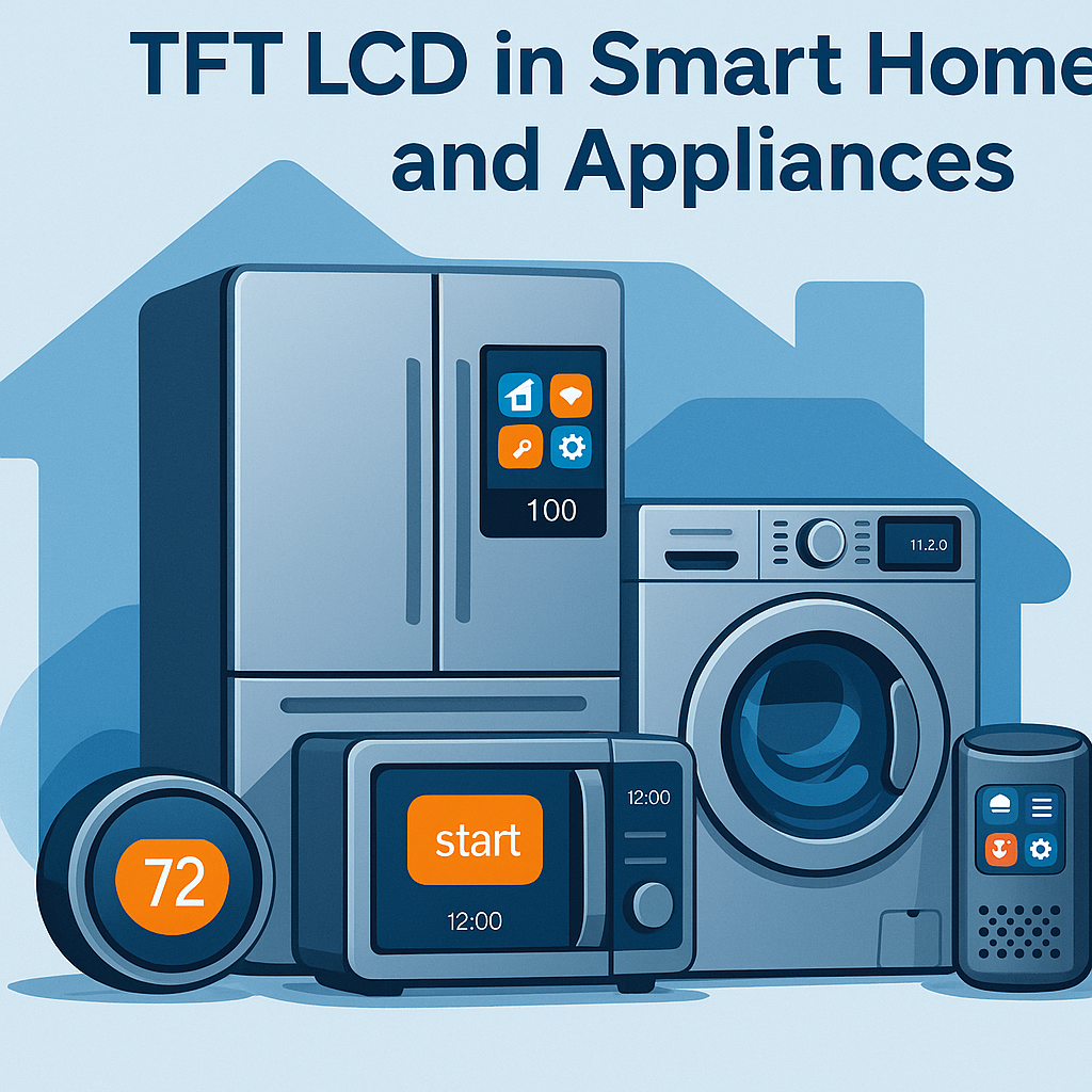 : Smart home appliances including a connected washing machine and refrigerator integrated into a modern kitchen or laundry space.