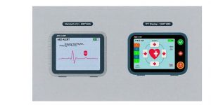 Side-by-side comparison of TFT display and standard LCD showing higher resolution on AED interface.