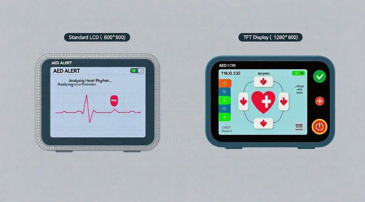 Side-by-side comparison of TFT display and standard LCD showing higher resolution on AED interface.