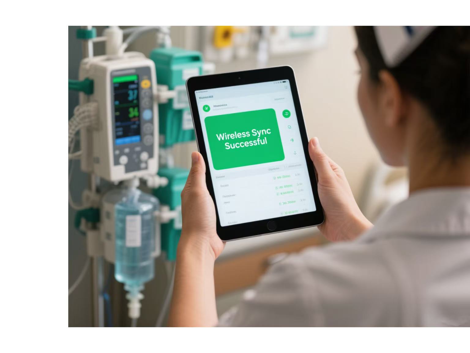 A vertical screen infusion pump that transmits data in real time to the tablet.