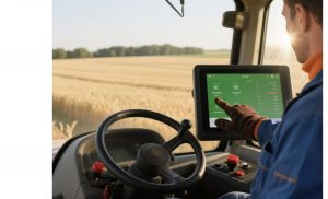 An agricultural operator using a gloved hand to reliably operate a resistive touch screen display on a tractor in a field.