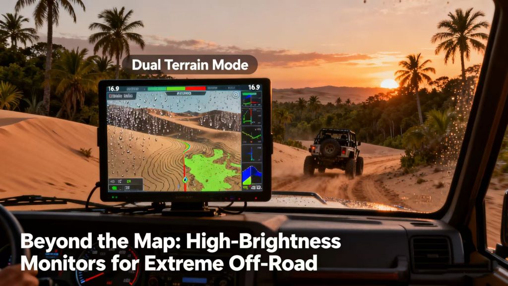 4x4 in desert-jungle transition under midday sun, high-brightness dashboard shows clear cross-terrain navigation (Desert-Jungle Transition Trail), anti-glare, with main/subtitles below.
