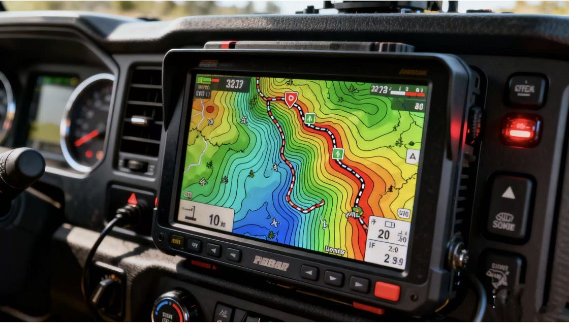 Fully installed off-road navigation display in a 4x4 truck dashboard, showing detailed topographic maps.