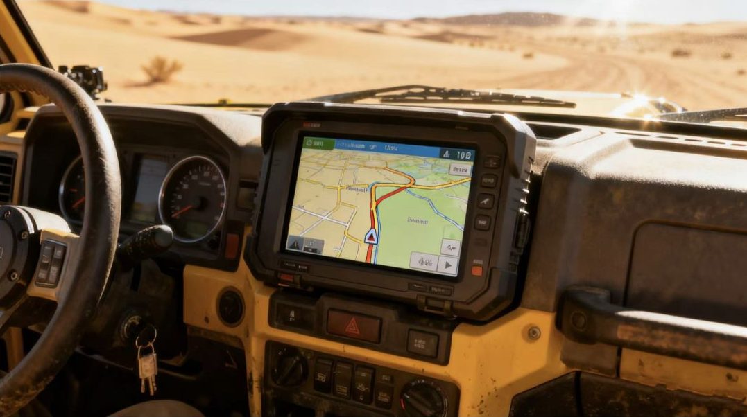 Off-road vehicle dashboard with a sunlight-readable GPS screen visible under bright desert conditions.