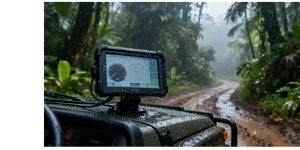 Waterproof display for 4x4 mounted on a dashboard during a heavy rain , with splashes on the screen.