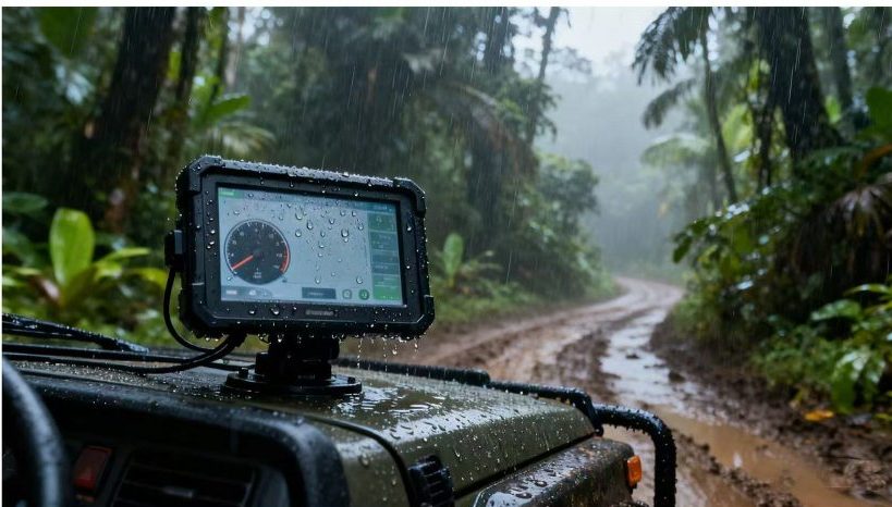Waterproof display for 4x4 mounted on a dashboard during a heavy rain , with splashes on the screen.
