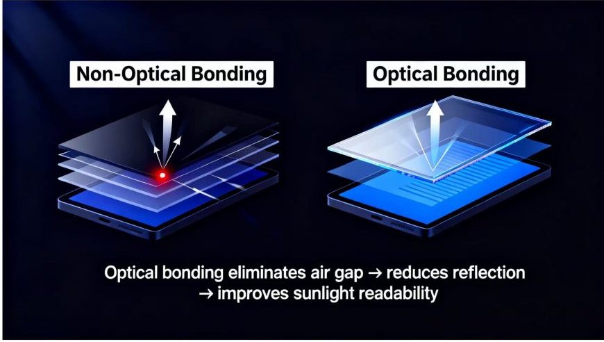 Diagram comparing an optically bonded sunlight readable TFT LCD to a non-bonded one, showing the elimination of the reflective air gap.