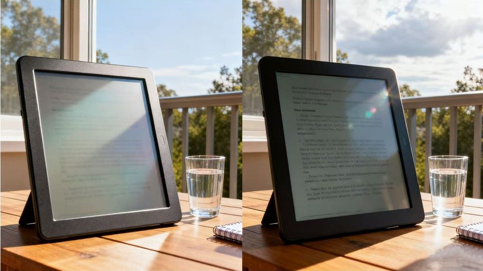 Side-by-side comparison showing a standard LCD washed out in sun vs a sunlight readable TFT LCD with a clear, visible image.