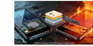 Close-up of a damaged LCD/OLED grey spot cause due to moisture ingress and high temperture, showing a cloudy, irregular grey patch near the edge of the display panel in a high-humidity environment.