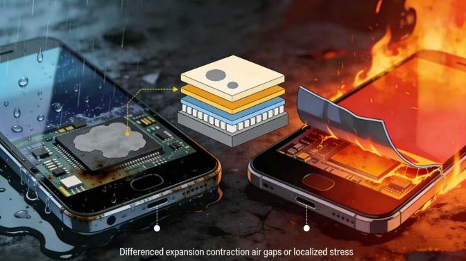 Close-up of a damaged LCD/OLED grey spot cause due to moisture ingress and high temperture, showing a cloudy, irregular grey patch near the edge of the display panel in a high-humidity environment.