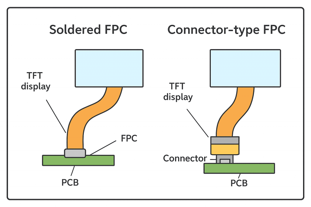 Comparison of Soldered FPC and Connector-type FPC Connection Methods: The left side shows permanent welding, while the right side features a pluggable connector, demonstrating two mounting solutions for flexible circuit boards.