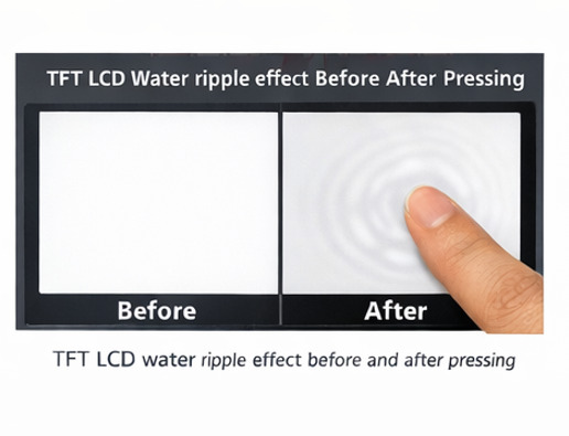 Close-up view of TFT LCD water ripple phenomenon caused by mechanical stress and bonding structure