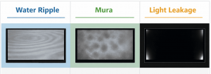 Comparison of TFT LCD display issues: Water Ripple with wavy patterns caused by stress and optical interference, Mura with blotchy uneven brightness caused by manufacturing inconsistencies, and Light Leakage with bright edges caused by backlight leakage