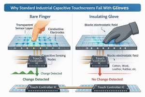 Comparison of a capacitive touchscreen responding to a bare finger versus a gloved hand, showing how insulating gloves block electrostatic coupling and prevent capacitance change detection