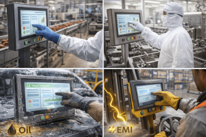 Glove-compatible industrial capacitive touchscreens used in food processing, pharmaceutical clean rooms, automotive production, and warehouse logistics