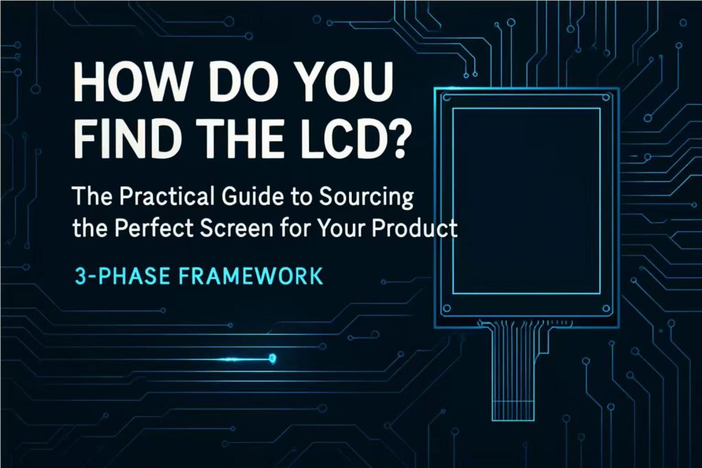 Featuring the title 'How Do You Find the LCD? The Practical Guide to Sourcing the Perfect Screen for Your Product' and '3-Phase Framework' text over a dark blue background with circuit board graphics and an LCD schematic.