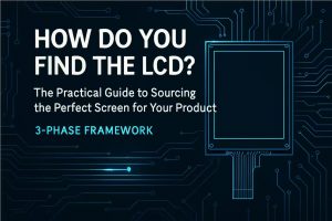 Featuring the title 'How Do You Find the LCD? The Practical Guide to Sourcing the Perfect Screen for Your Product' and '3-Phase Framework' text over a dark blue background with circuit board graphics and an LCD schematic.