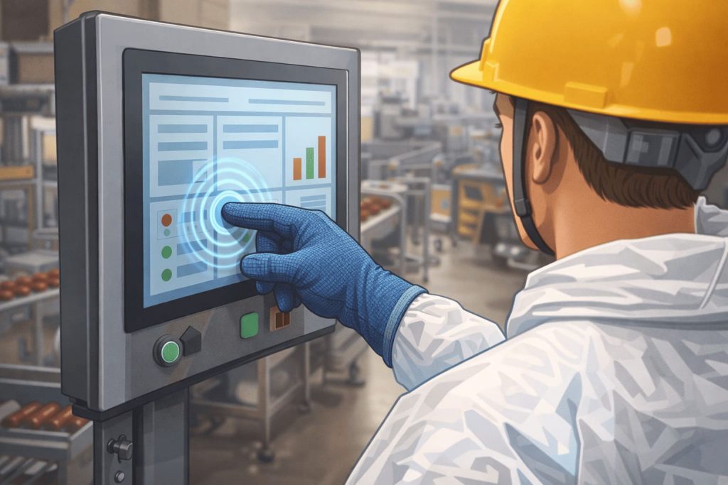 Industrial worker wearing protective gloves operating a capacitive touchscreen in a factory environment, demonstrating glove-compatible touch interaction.