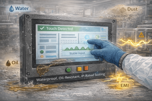 Illustration showing an industrial capacitive touchscreen maintaining stable glove operation under water, oil, dust, and electromagnetic interference conditions