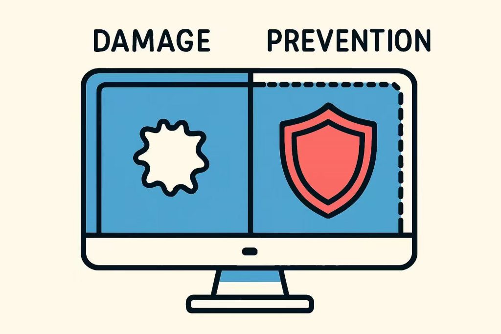 Educational diagram illustrating the contrast between LCD screen damage (pressure mark) and prevention (protective shield icon) in a simple, textbook-style illustration.