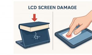 Illustration showing two common causes of LCD pressure marks: a heavy book placed on a closed laptop, and a hand pressing too hard while cleaning a tablet screen.