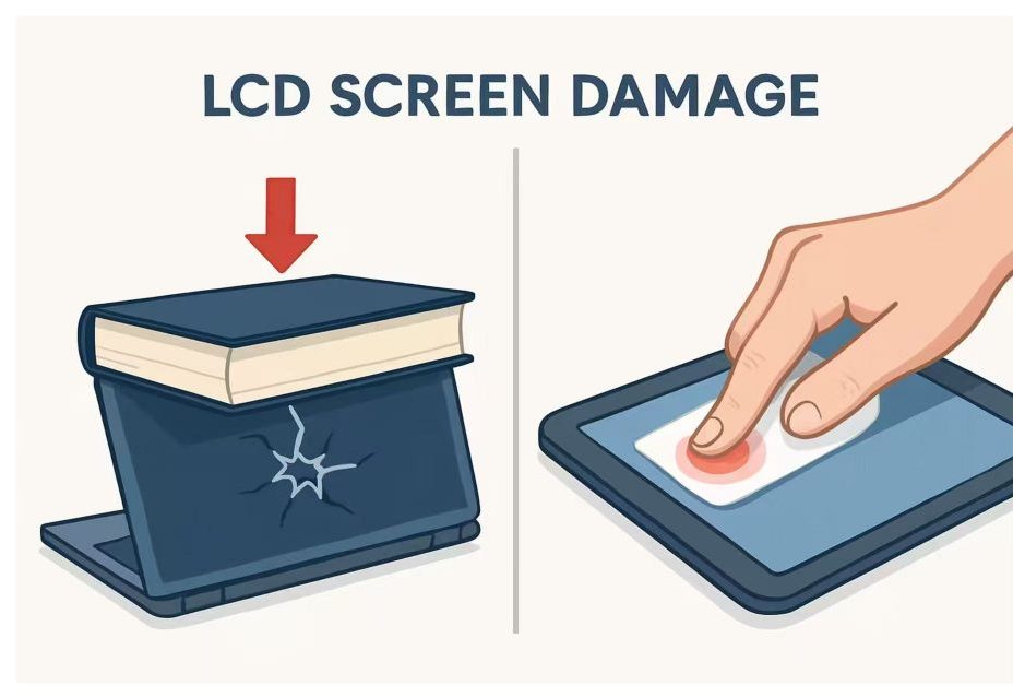 Illustration showing two common causes of LCD pressure marks: a heavy book placed on a closed laptop, and a hand pressing too hard while cleaning a tablet screen.