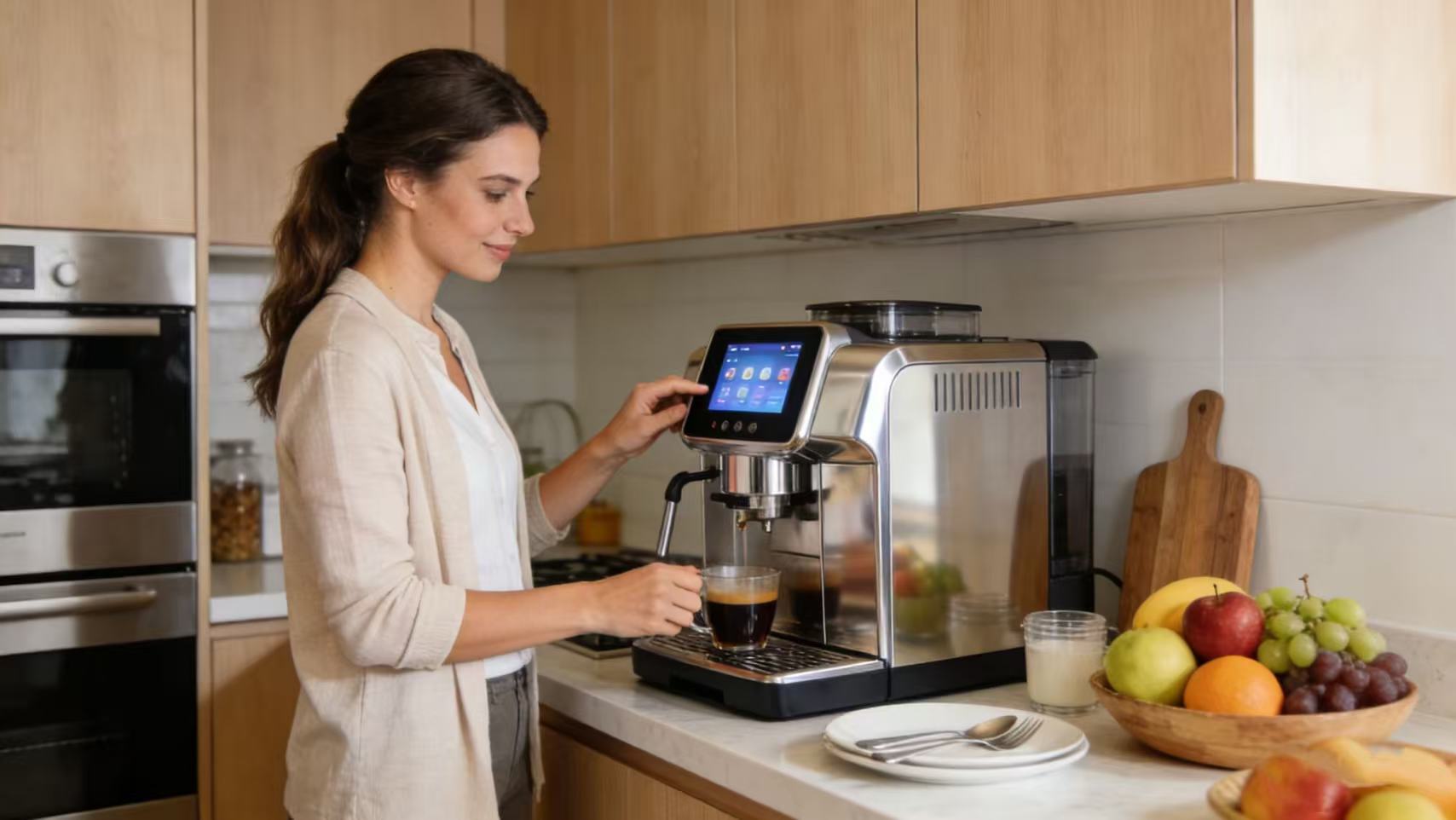 This sleek home coffee machine features a crisp 800×480 Display, bringing industrial-grade reliability right into your kitchen. Bathed in soft natural sunlight, it seamlessly combines durable performance with everyday functionality.