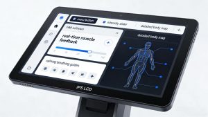 It can present everything from real-time muscle feedback to calming breathing guides without distortion or loss of clarity.