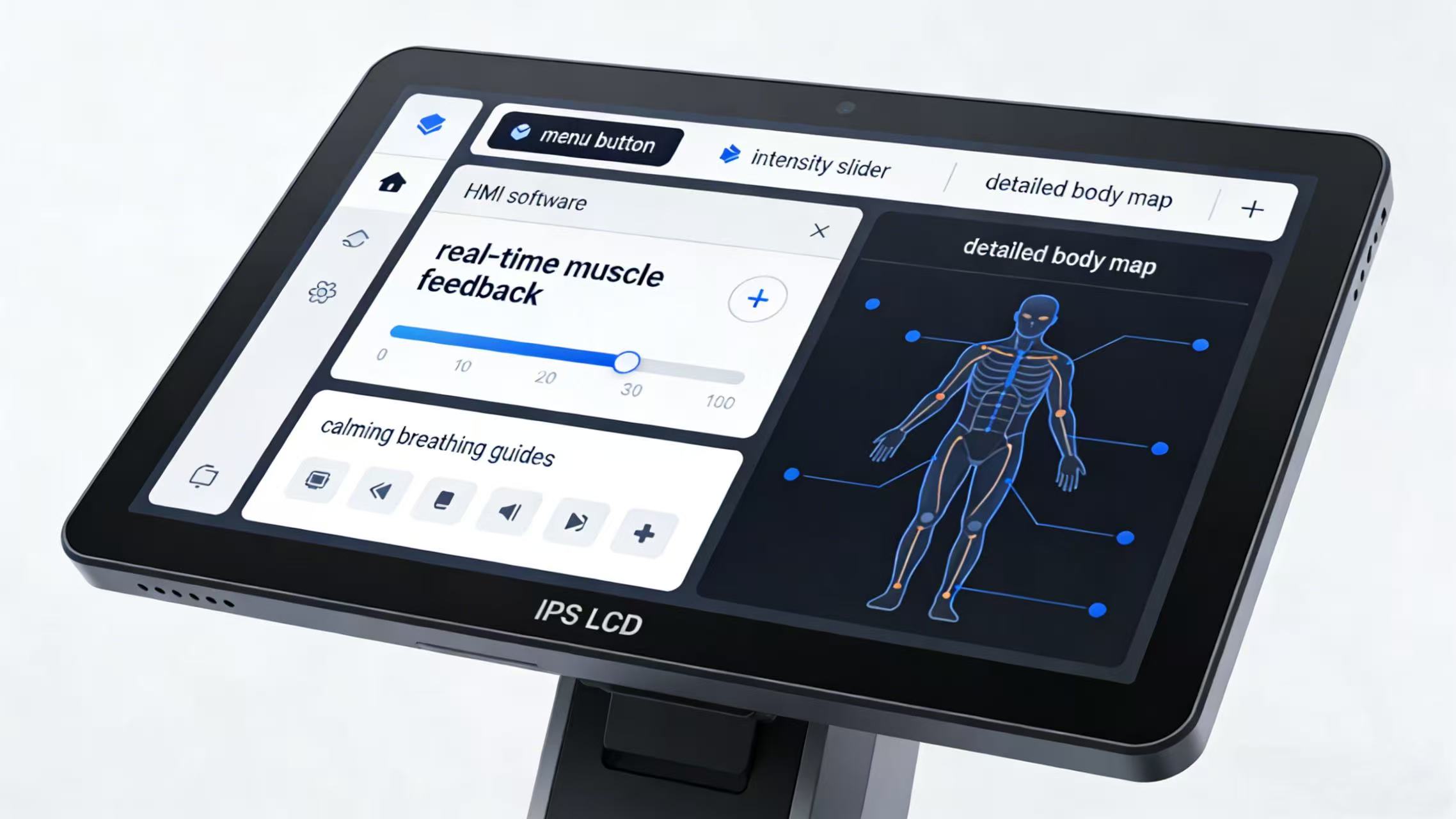 It can present everything from real-time muscle feedback to calming breathing guides without distortion or loss of clarity.