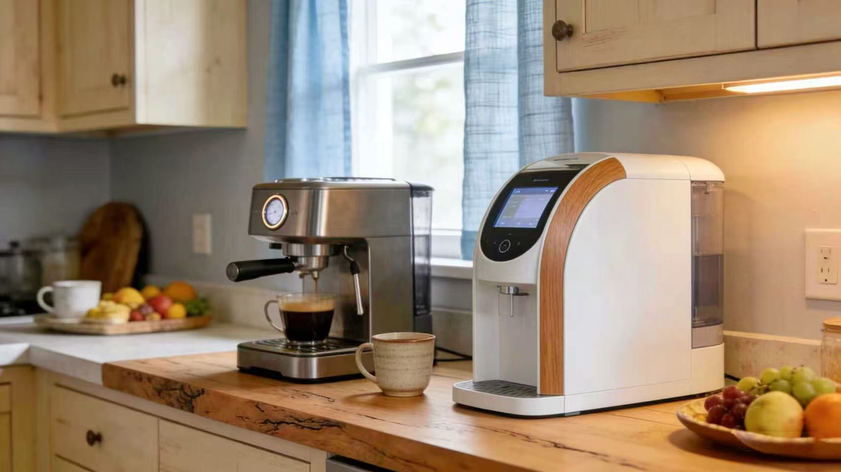 A warm, inviting home kitchen scene featuring two modern appliances enhanced by industrial TFT LCD displays. On a rustic wooden countertop, a stainless-steel high-end coffee machine uses its industrial TFT LCD screen to guide coffee preparation, while a sleek white personalized nutrition dispenser (with built-in square medicine storage compartments) relies on its industrial TFT LCD interface to display health metrics and blend details. Soft natural light filters through linen curtains, complemented by fresh fruit and ceramic mugs, creating a cozy fusion of professional technology and everyday home life.