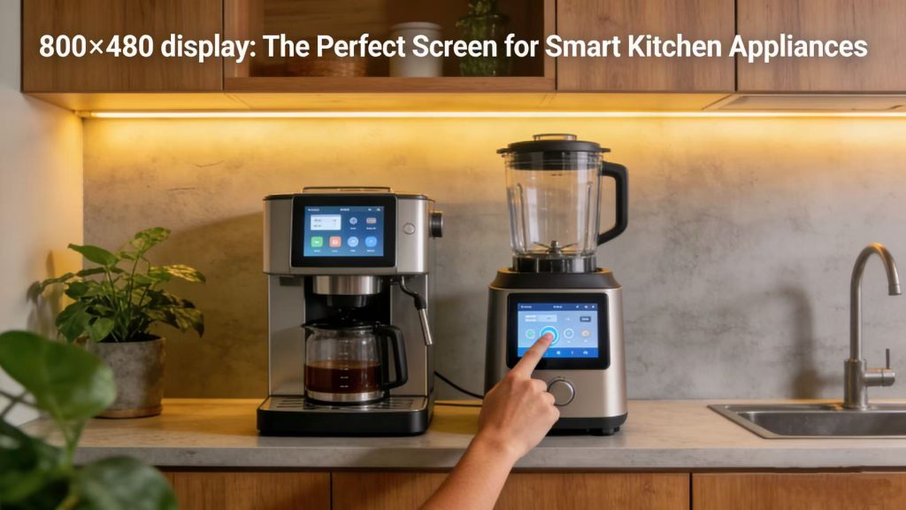 A bright, modern kitchen scene with natural light, featuring a sleek coffee machine and a nutrition dispenser, both equipped with 800×480 IPS touch displays. A hand interacts with the dispenser's screen, highlighting the intuitive interface and clear visibility of the 800×480 resolution, designed for seamless home use.