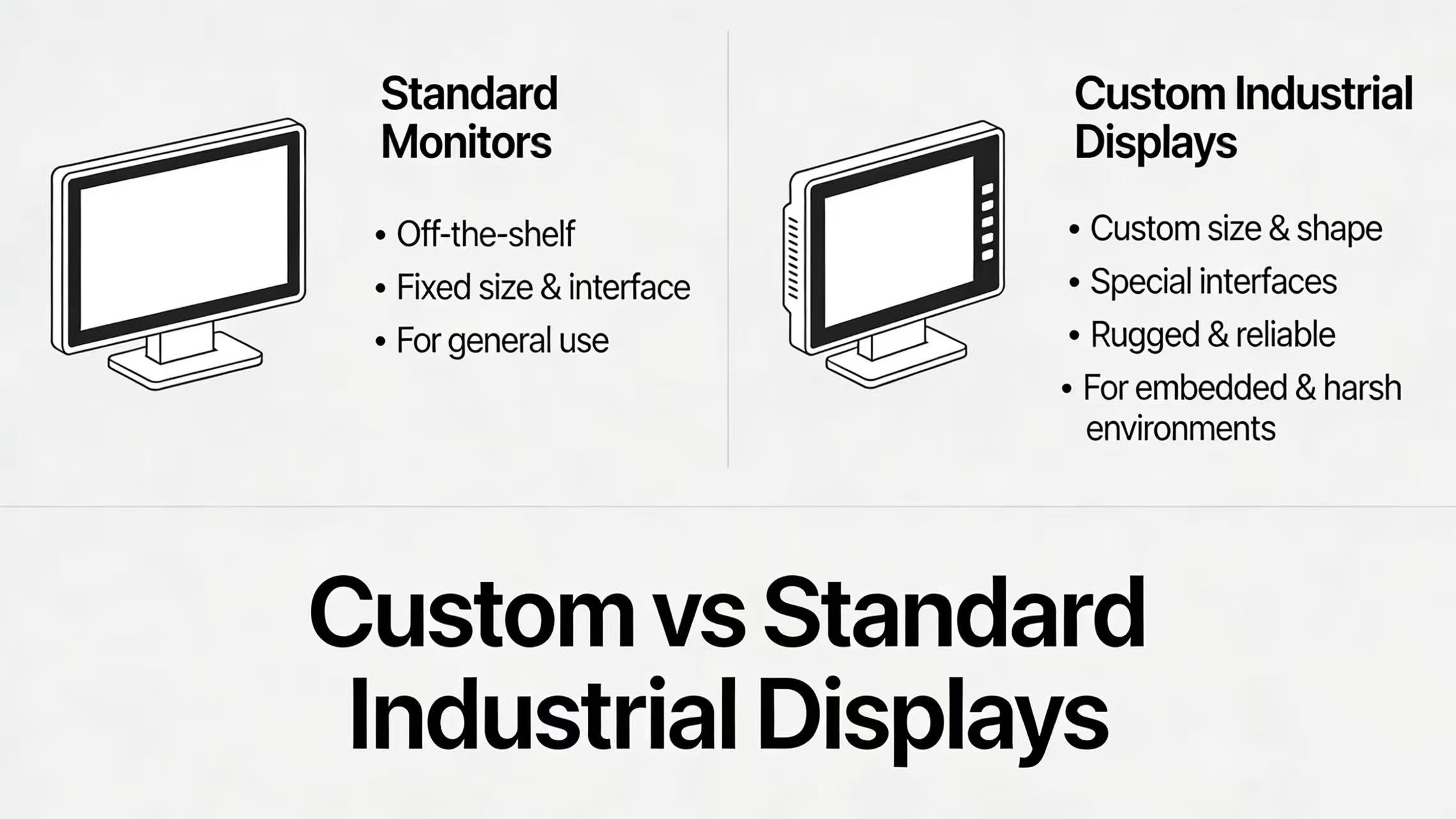 Custom vs Standard Industrial LCD Monitors comparison concept diagram, custom industrial displays for embedded systems, rugged harsh environment applications.