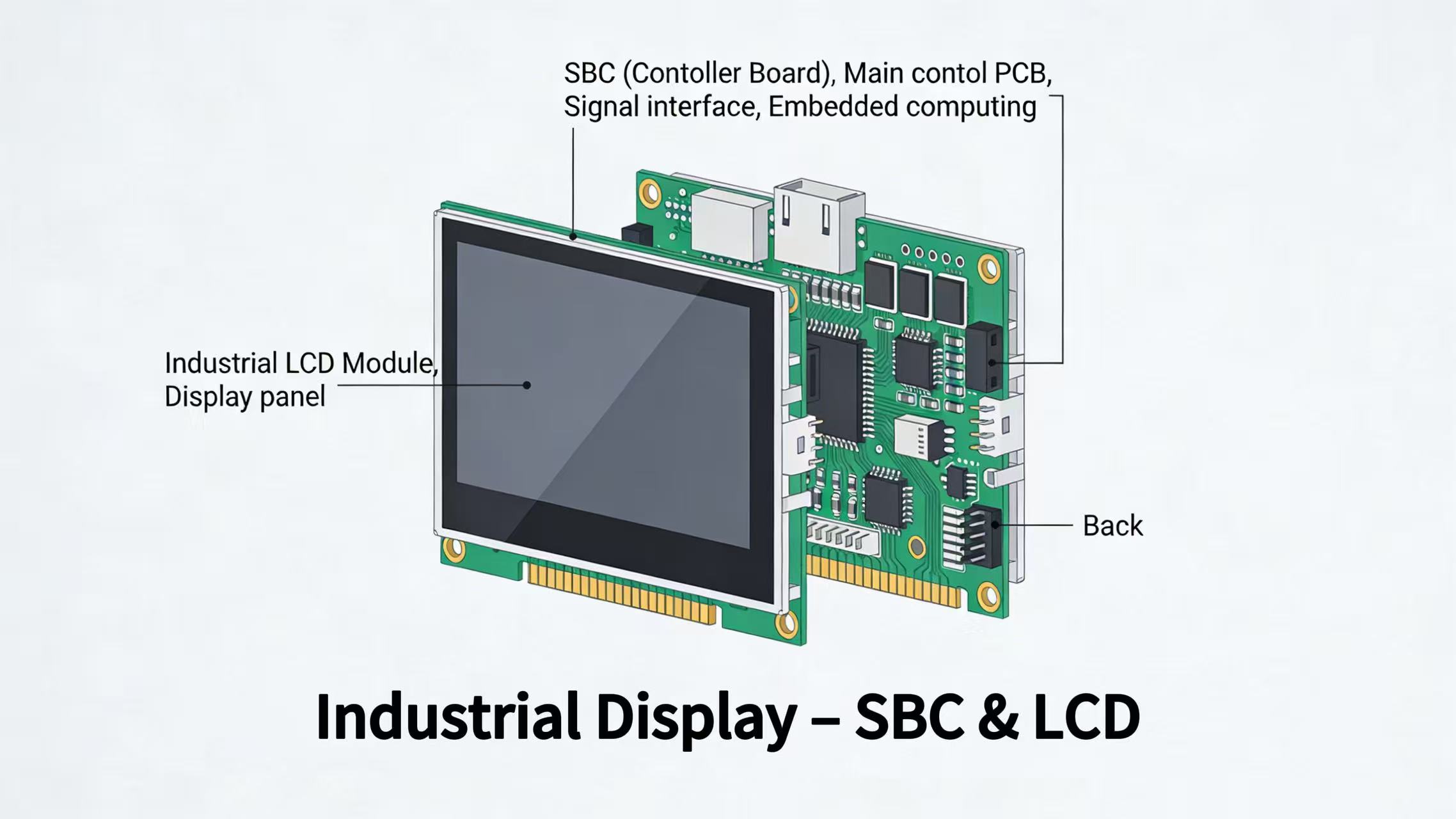 Industrial display solution integrated system components, SBC and industrial LCD monitor BOM diagram, optical bonding, controller board, touch panel for embedded systems.