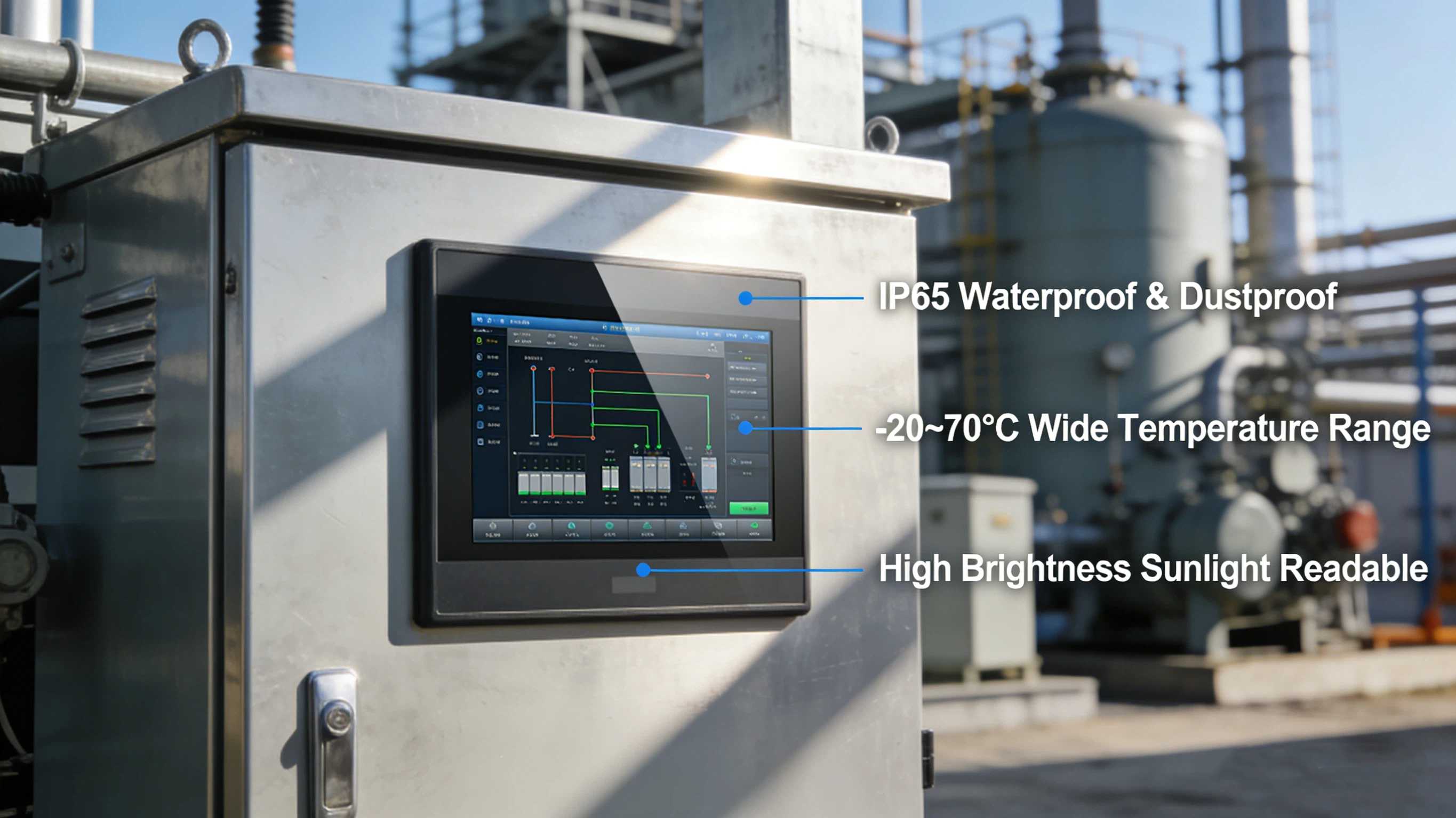 : Industrial Touch Display Key Features: IP65, Wide Temperature, High Brightness, Rugged Design