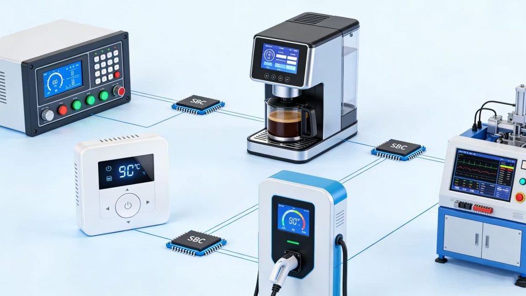 Conceptual illustration of a customized Rockchip-based SBC single-board computer powering multiple industrial and smart applications: industrial control panel, smart coffee machine with display, smart home thermostat, EV charging station with touch screen, and industrial machinery HMI. The design highlights embedded system integration, display compatibility, hardware customization, and reliable mass production for Android/Linux embedded solutions.