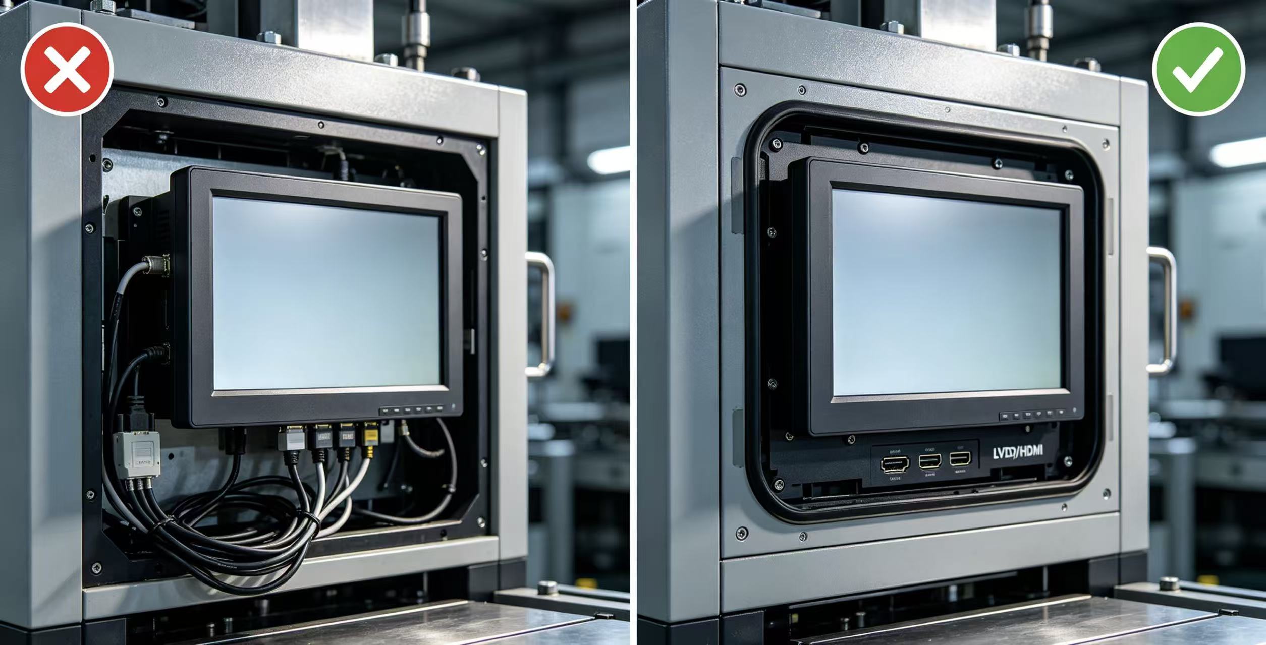 Split-screen comparison: Standard industrial monitor with poor fit, messy cables, adapter mismatch vs Custom LCD module perfectly embedded, clean LVDS/HDMI connection, precise mechanical fit.