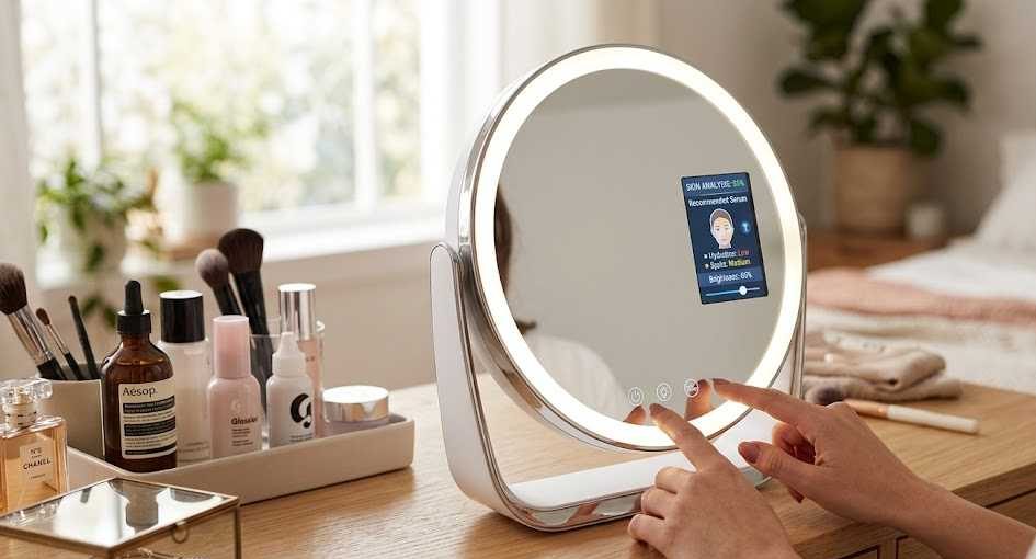 Smart makeup mirror with an adjustable LED ring light and a compact TFT display showing skin analysis data.
